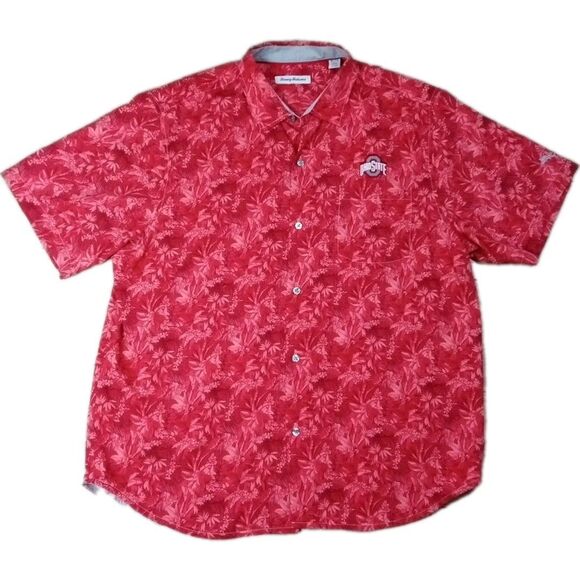 Tommy Bahama Mens Ohio State Buckeyes 100% Silk Hawaiian Shirt XL Red Tropical - Picture 1 of 10